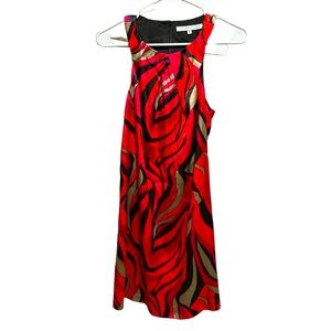Trina Turk, Soft Silk Red and Black Patterned Midi Dress
